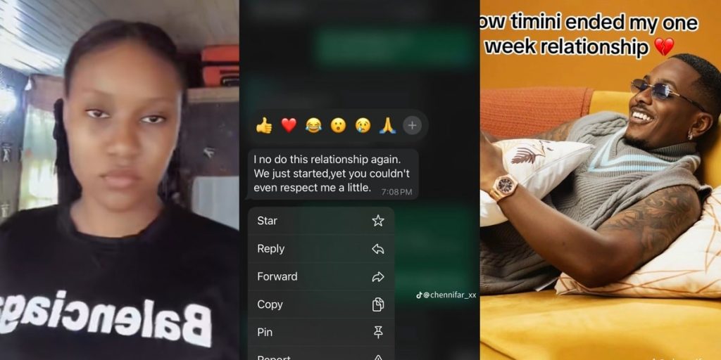 Nigerian man ends 7-day relationship with girlfriend as she posts actor Timini on WhatsApp, captions it ‘my love’
