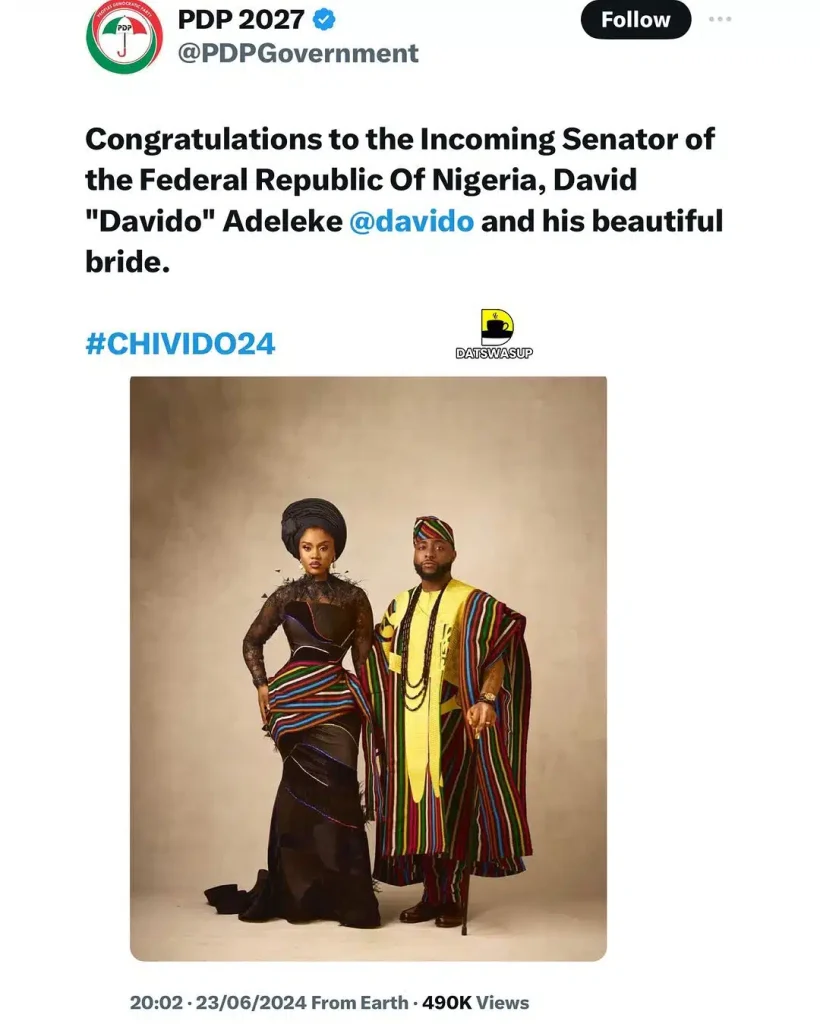 PDP support page tags Davido ‘incoming Senator’ ahead of upcoming marriage1