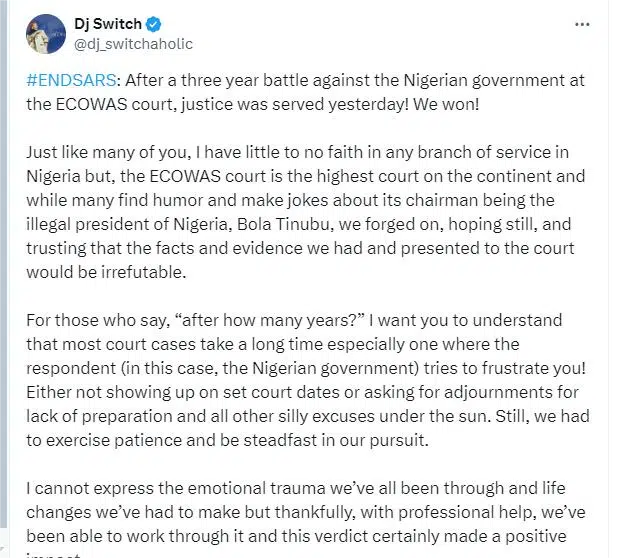 #ENDSARS DJ Switch reacts to ECOWAS court judgment 1