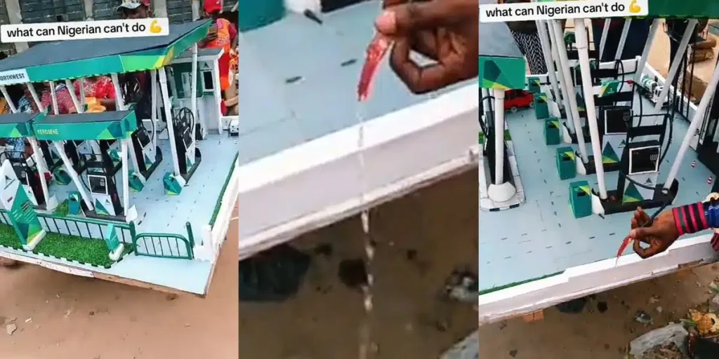 Nigerian Man Constructs a Filling Station Using Carton and Hose