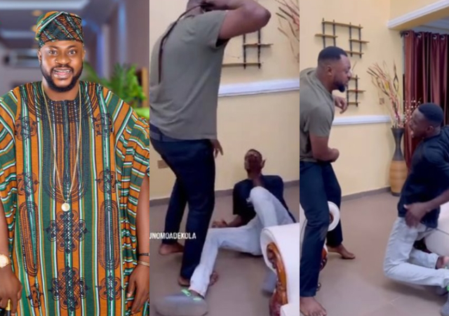 Odunlade Adekola Playfully Whips Younger Colleague on Movie Set