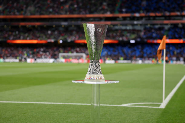 Premier League Powerhouses: Three English Clubs Advance to European Quarter-Finals 1 DUBLIN, IRELAND - MAY 22: A detailed view of The UEFA Europa League Trophy prior to the UEFA Europa League 2023/24 final match between Atalanta BC and Bayer 04 Leverkusen at Dublin Arena on May 22, 2024 in Dublin, Ireland. (Photo by Julian Finney/Getty Images)