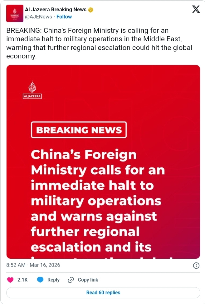 China Urges US and Iran to Immediately Stop Military Actions Amid Strait of Hormuz Crisis 2 Screenshot 20260316 204754 Chrome
