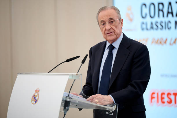 MADRID, SPAIN - MARCH 19: President of Real Madrid Florentino Pérez during the press conference to present "Corazon Classic Match 2025: Un Pase Para La Esperanza" at Estadio Santiago Bernabeu on March 19, 2025 in Madrid, Spain. (Photo by Borja B. Hojas/Getty Images)