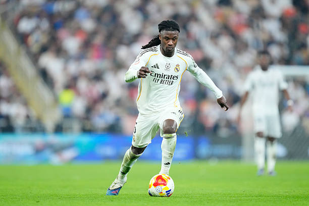 Eduardo Camavinga central midfield of Real Madrid and France during the Spanish Super Cup semi-final match between Atletico de Madrid and Real Madrid at King Abdullah Sports City Hall Stadium on January 8, 2026 in Jeddah, Saudi Arabia. (Photo by Jose Breton/Pics Action/NurPhoto via Getty Images)