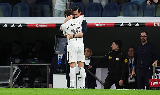 MADRID, SPAIN - MARCH 14: Arda Gueler of Real Madrid celebrates scoring his team's fourth goal with Alvaro Arbeloa, Head Coach of Real Madrid, during the LaLiga EA Sports match between Real Madrid CF and Elche CF at Estadio Santiago Bernabeu on March 14, 2026 in Madrid, Spain. (Photo by Angel Martinez/Getty Images)
