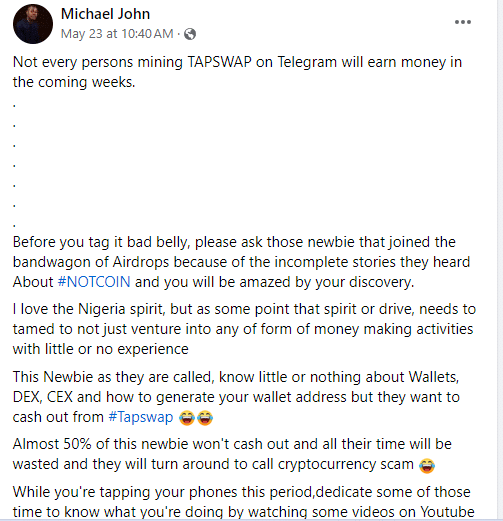 Tapswap: Man explains why some Nigerians won’t earn despite ‘tapping’ 3 taspwap chat