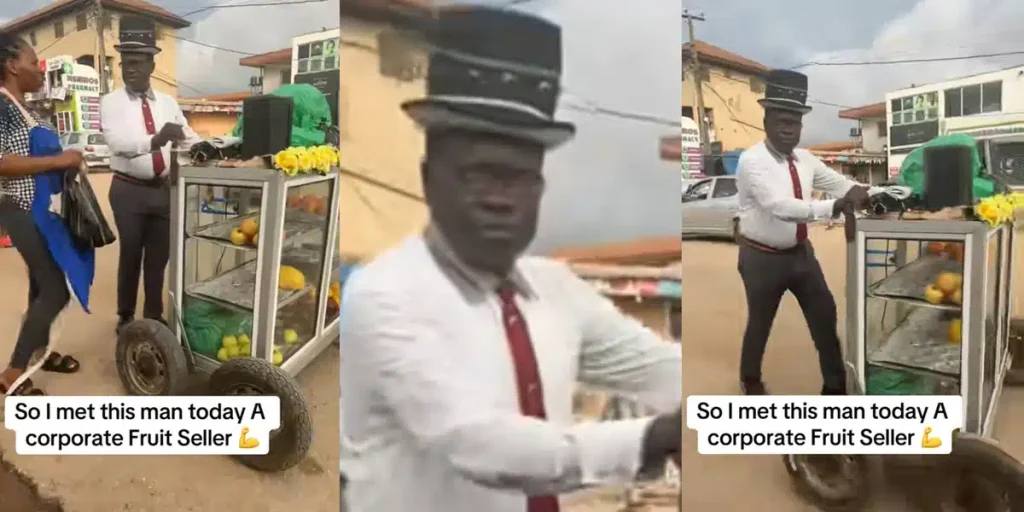 Nigerian Man Raises Eyebrows by Selling Fruits in Full Corporate Wear 1 Nigerian Man Raises Eyebrows by Selling Fruits in Full Corporate Wear