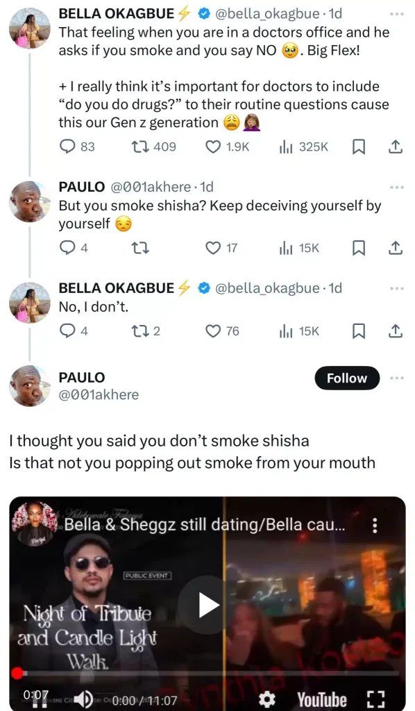Fan Unearths Old Video of Bella Okagbue Smoking Shisha After She Denies Ever Smoking 2 bella