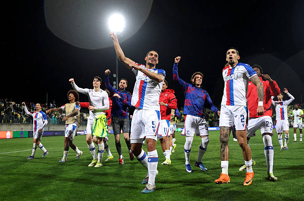 LARNACA, CYPRUS - MARCH 19: Maxence Lacroix and Daniel Munoz of Crystal Palace celebrate after the team's victory in the UEFA Conference League 2025/26 round of 16 second leg match between AEK Larnaca FC and Crystal Palace FC at AEK Arena on March 19, 2026 in Larnaca, Cyprus. (Photo by George Wood - UEFA/UEFA via Getty Images)