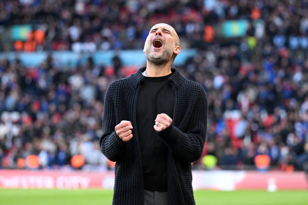 Pep Guardiola, Manager of Manchester City, celebrates after the team's victory during the Emirates FA Cup Semi Final match between Manchester City and Chelsea at Wembley Stadium on April 20, 2024 in London, England. (Photo by Michael Regan - The FA/The FA via Getty Images)