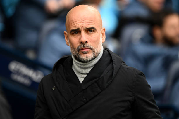 MANCHESTER, ENGLAND - MARCH 15: Manchester City manager Pep Guardiola during the Premier League match between Manchester City FC and Brighton & Hove Albion FC at Etihad Stadium on March 15, 2025 in Manchester, England. (Photo by Gareth Copley/Getty Images)