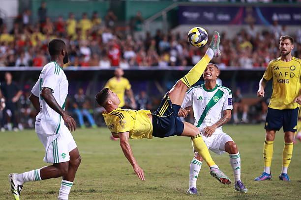 HONG KONG, CHINA - AUGUST 23: Cristiano Ronaldo of Al-Nassr (C) attempts for a goal during the Saudi Super Cup final between Al-Nassr and Al-Ahli at Hong Kong Stadium on August 23, 2025 in Hong Kong, China.  (Photo by Thomas Tang/Eurasia Sport Images/Getty Images)