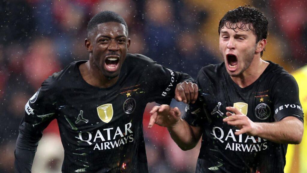 Dembele celebrating against Bayern Munich 